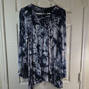 Coin 1804 XL Boho Chic Blue Tie Dye Lattice Neck Flowy Tunic Belle Sleeve EUC